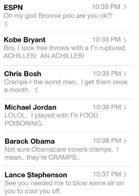 Aeoluz_'s tweet photo. "@PlayUpNBA: If you guys ever wanted to see LeBron's text message inbox ... here it is.
#NBAFinals http://t.co/IipO6KSrLR"