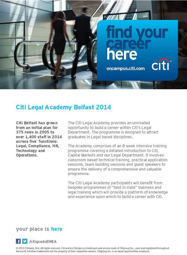 CitiGradsEMEA's tweet photo. Applications are now open for Citi's Legal Academy, Belfast. Apply now! http://t.co/dnRCnzIzog