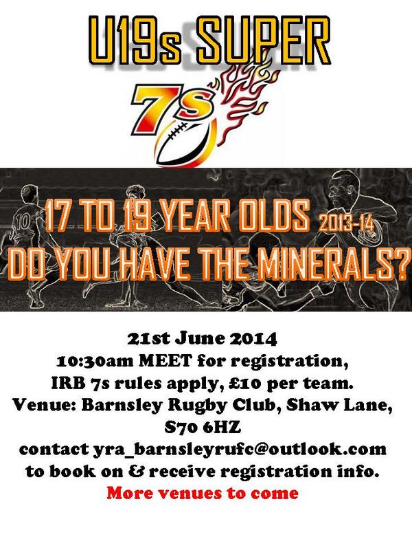 YRA_BRUFC's tweet photo. Come &amp; Join the U19s Super 7s at @BarnsleyRUFC. Great chance to play as a new or existing team #yraenglandrugby http://t.co/RwHZZWbCC5
