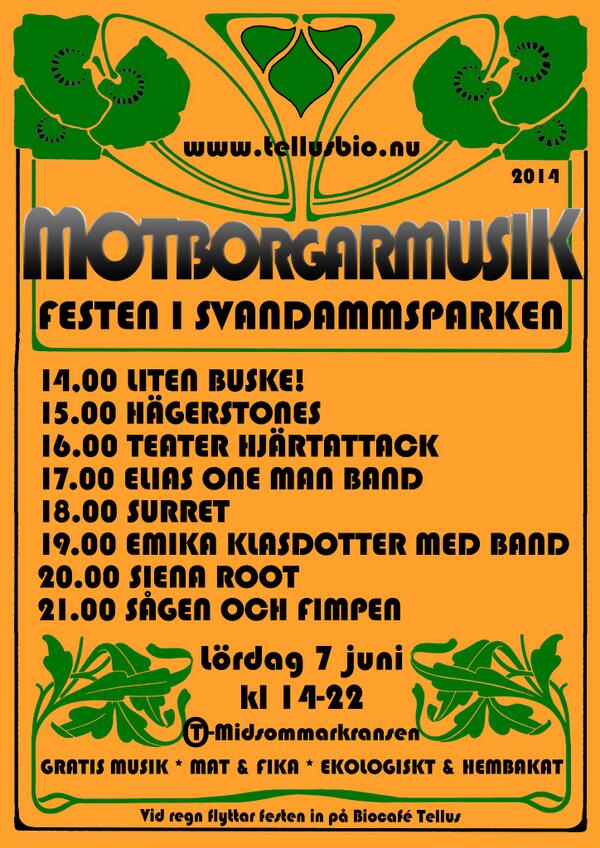Motborgarmusik's tweet photo. I morgon händer det! Caféet flyttar ut i parken. Och här är ordningen på scen. #MBM14 http://t.co/Y58nxFHzWl http://t.co/WCVSij5svJ