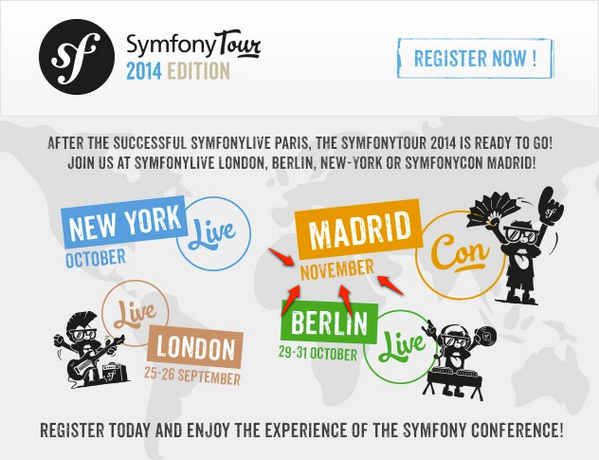 En la portada de symfony.com podemos ver la primera pista sobre la fecha de la #SymfonyCon de Madrid