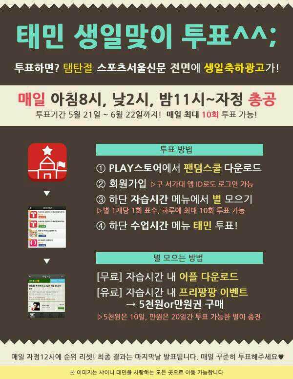 mia_mia_7's tweet photo. @taempo_ RTplz)태민이생일전면광고를위한 ★팬덤스쿨투표★부탁드립니다!2위인날이더많아누적치가많이모자라요ㅠㅠ더많은분들의 참여가절실합니다.매일투표로전면광고를태민이생일선물로줄수있어요!! http://t.co/12snuG8B5I