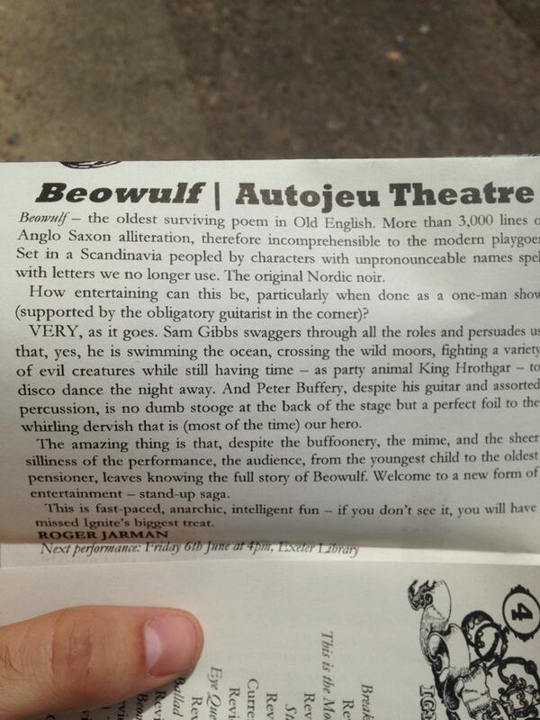 AutojeuTheatre's tweet photo. #Wildfire #Beowulf "If you don't see it, you will have missed Ignite's biggest treat" @IgniteAtLibrary @ExeterIgnite http://t.co/Q9ozz7ccwf