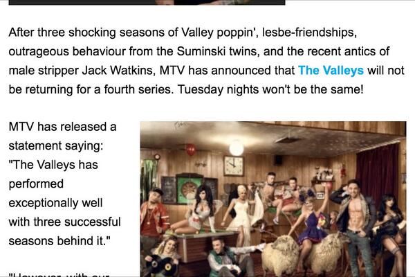 Come back from holidays to find out <a href="/MTVTheValleys/">The Valleys</a> has been cancelled
Gutted! Whatever will they do now?