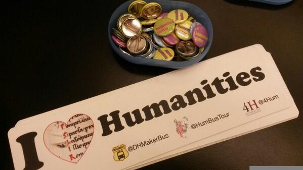 HumBusTour's tweet image. #dhsi2014 Last chance to support the tour! ($10 stickers, $1 pins) Get them at the lunch showcase! Find @antimony27