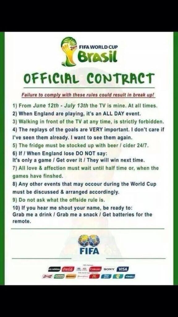 mattydeakes's tweet photo. Just a few simple rules for the female population while World Cup in on an specially you @GemmaSiddlex #WorldCup2014 http://t.co/LfdkErkatN