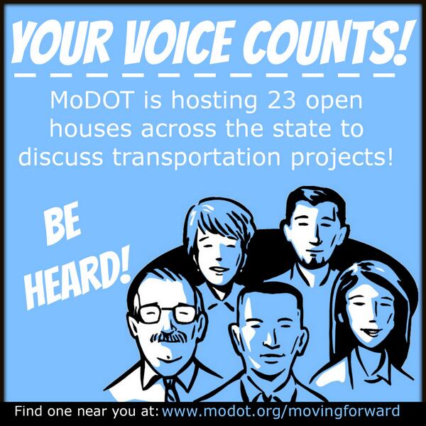 ModotDirector's tweet image. Join a MovingForward open house &amp;amp; shape MO's transportation system improvements #MovingForward bit.ly/1n58Fwm