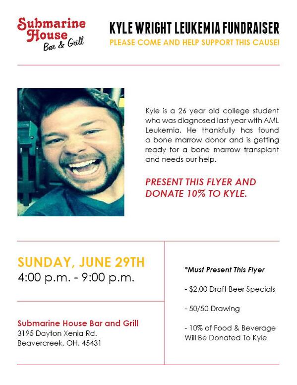 SubmarineHouse's tweet image. Join us on 6/29 in #Beavercreek for a fundraiser to support Kyle Wright! Bring this flyer with you.