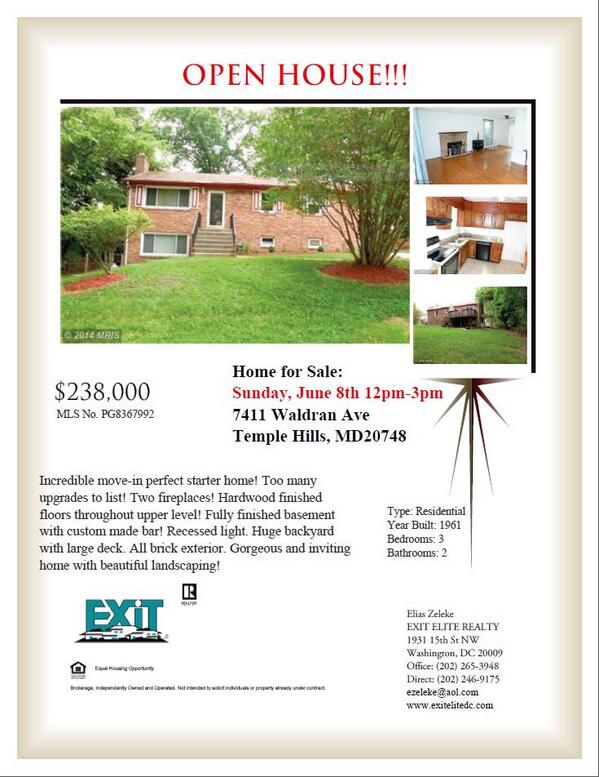 EXITEliteDC's tweet photo. $238,000 Home! #OPENHOUSE SUNDAY, JUNE 8TH!!  12 PM TO 3 PM Call Elias Zeleke for more details: 
202-246-9175 http://t.co/h6KMDdVeyU