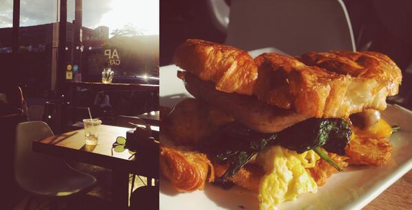 Every Morning should start like this! Croissant with egg,sausage,cheddar&amp;spinach in the beautiful #apcafe #bushwick