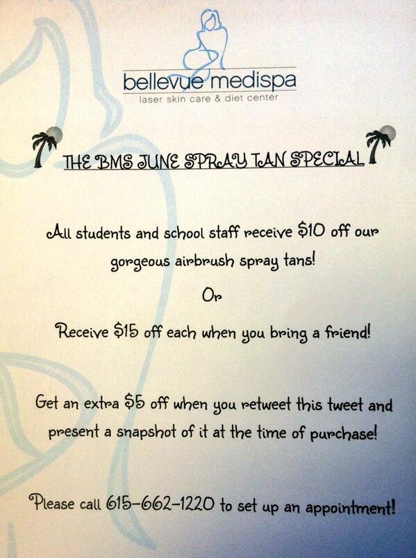 BellevueMedispa's tweet photo. ☀️What's a better way to bring in the summer than w/ an awesome Spray Tan Special! Check it out! ☀️ http://t.co/C4DK6hDXDG