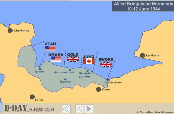 1/2 British troops capture Arromanches, on Gold Beach, to build a temporary port (Map courtesy <a href="/CanWarMuseum/">Canadian War Museum</a>)