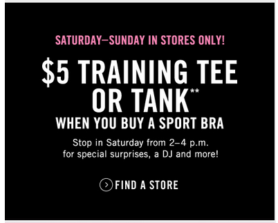 uncodeals's tweet image. This weekend get a $5 tank when you buy a VS sports bra! And join the in store party from 2-4pm this Sat! #uncodeals