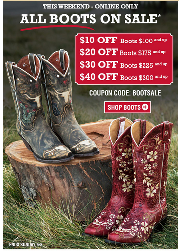uncodeals's tweet image. Heading to a country concert this summer? This weekend only, get up to $40 off on boots at Boot Barn! #uncodeals