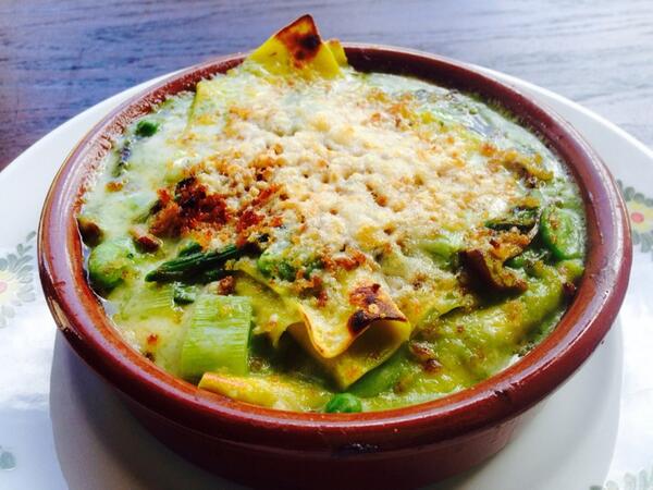 Tonight's Special is Lasagnette Verde: Pasta Squares with Asparagus, Chanterelles, Leeks, and Taleggio Cheese.