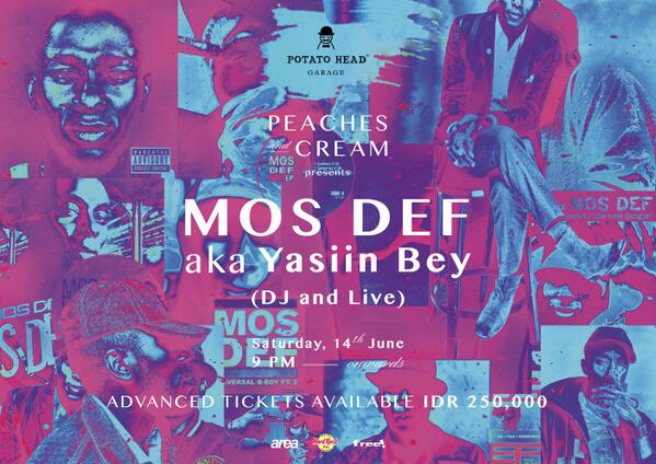 Potato Head <a href="/pttheadgarage/">Potato Head Garage</a> Peaches Cream presents Mos Def <a href="/MosDefOfficial/">Yasiin Bey</a> Sat, 14th June 2014 on 9 pm.