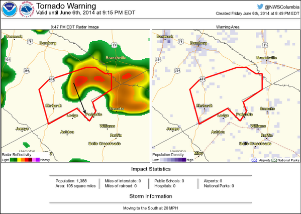JudiGatson's tweet image. #WIS10 Alert:  RT @NWStornado: Tornado Warning including #BambergSC, #DenmarkSC, #BranchvilleSC until 9:15p EDT