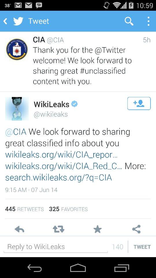 RuchiraSingh's tweet photo. Hehe and the fun has just begun! @cia @wikileaks! #CIAisonTwitter.. http://t.co/VOUsapTpSh
