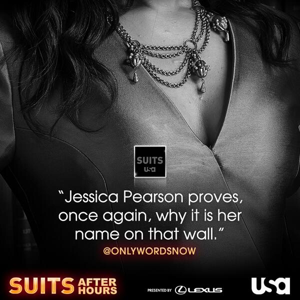 SuitsPeacock's tweet photo. And that's why we love Jessica. Congrats to @onlywordsnow for this hour's #SuitsReview. #SuitUpJessica http://t.co/PXDC6Vtr8Z
