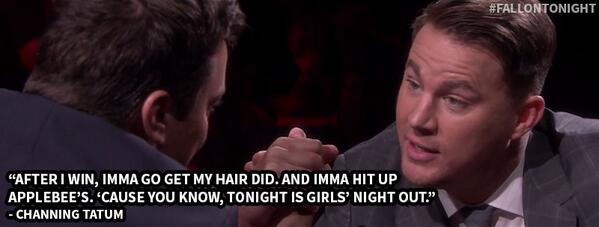 FallonTonight's tweet photo. Jimmy and @channingtatum faceoff in arm wrestling, and both have big plans for when they win https://t.co/pUSPvPSgZI http://t.co/inYiitWUie