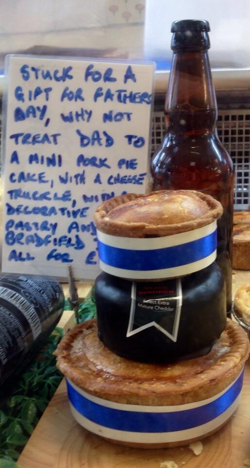 BillysHill's tweet photo. Father's Day pork pie stack with snowdonia extra mature cheddar and bradfield ale order now for collection next wk! http://t.co/56BH7JIHL7