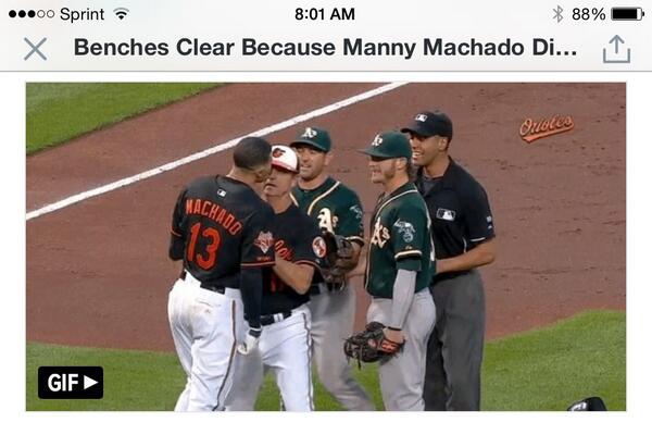 Oakland_Fan's tweet photo. Donaldson and the umpire both laughing at Machado's behavior. #Athletics http://t.co/Zd8ljewdFA