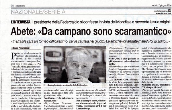 PPrestisimone's tweet photo. Il presidente Figc Abete si augura che la scaramanzia ci dia una mano al Mondiale. Se non fa miracoli quella è tosta http://t.co/A7rpOptgaU