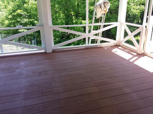 brian_o_bennett's tweet image. Porch nearing completion. Railings repaired &amp;amp; painted. 1st coat of #deckover down. After 2nd, replace screens