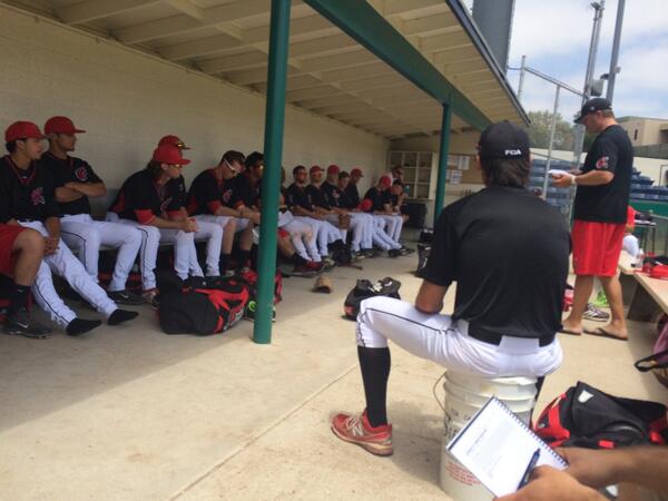 socafcabaseball's tweet photo. Pregame chapel! Come out and Watch some #Catch2014 baseball today. 1pm at Biola University! #calsummerball http://t.co/eBXHJTtKF8