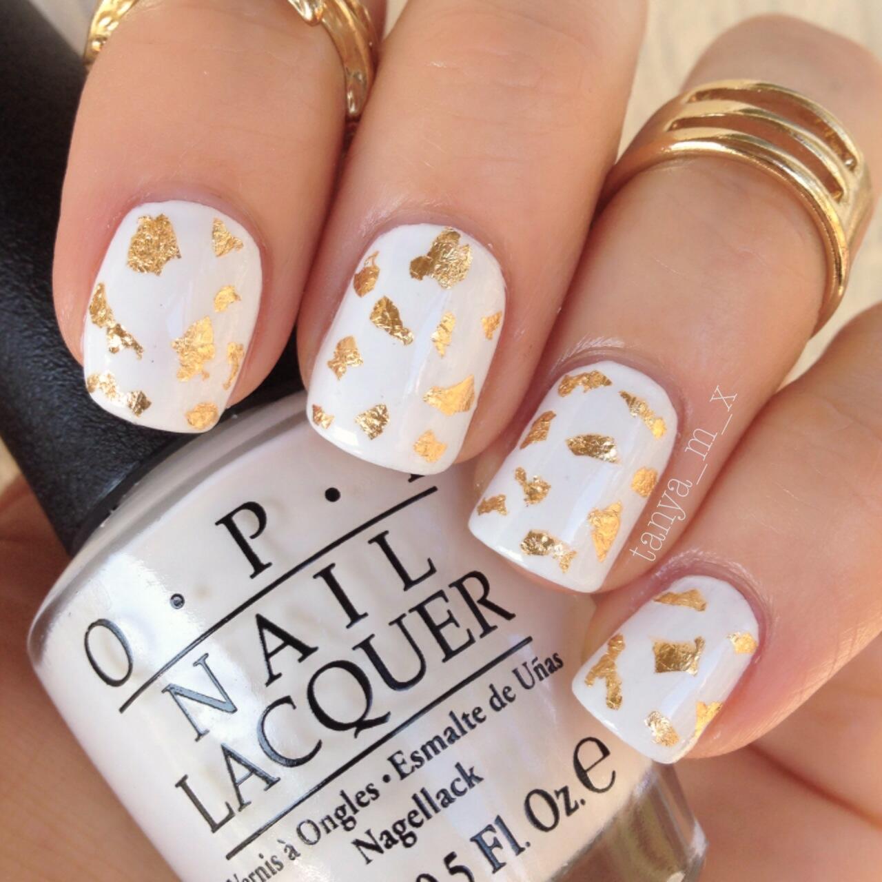 Tanya Inspires on X: White nails with gold flakes   #nailart #naildesign #nailflakes #nails #whitenails #manicure   / X