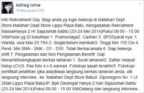 InfoJobMLG's tweet photo. Info Rekrutment Day :Bagi anda yg ingin bekerja di Matahari Dept Store,Matahari Dept Store Lippo Plaza Batu http://t.co/3ht6v10apJ