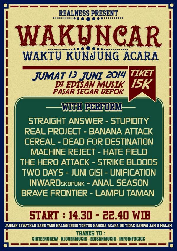 Realness Production (@realnesseo) on Twitter photo "WAKUNCAR" Jumat, 13 Juni 2014 di EDISAN Ps.Segar DEPOK | TIKET 15K | Bantu Share ya <a href="/INFOINFOGIGS/">Seputar Indie & Gigs</a> <a href="/infogigsBOGOR/">INFO GIGS BOGOR</a> "WAKUNCAR" Jumat, 13 Juni 2014 di EDISAN Ps.Segar DEPOK | TIKET 15K | Bantu Share ya <a href="/INFOINFOGIGS/">Seputar Indie & Gigs</a> <a href="/infogigsBOGOR/">INFO GIGS BOGOR</a>