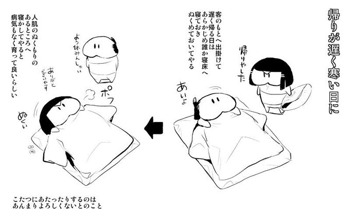 07陰間の仕込み【帰りが遅く寒い日に】
陰間たちは客のいる座敷に呼ばれ赴くことも多かったため、帰りが遅くなった時は誰かがふとんに寝ておいて、人肌で温めておいてやると病気もせずよい、とのこと
こんな厚遇を受けられたのはごく一部だと思うが 