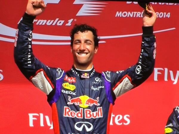 Aussies_Abroad's tweet photo. Aussie @danielricciardo savours his 1st #F1 victory podium at #montrealgrandprix! Awesome to hear Aussie anthem. http://t.co/8OktFuzI1n