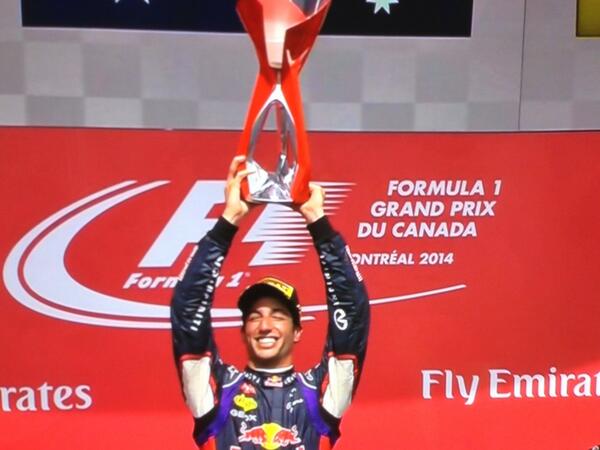 Aussies_Abroad's tweet photo. Aussie @danielricciardo savours his 1st #F1 victory podium at #montrealgrandprix! Awesome to hear Aussie anthem. http://t.co/8OktFuzI1n