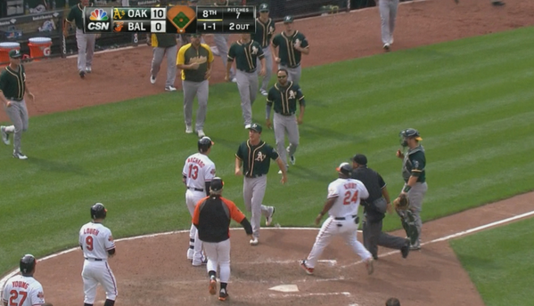 BrodieBz's tweet photo. John Jaso led the way as #Athletics bench cleared. http://t.co/bzi1k4tpMD