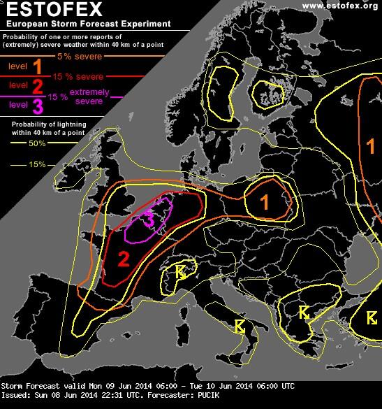 Voor late namiddag, geeft #estofex 'level 3' (hoogste waarschuwing). Met nóg méér #Supercell #hagel #windschade #pp14
