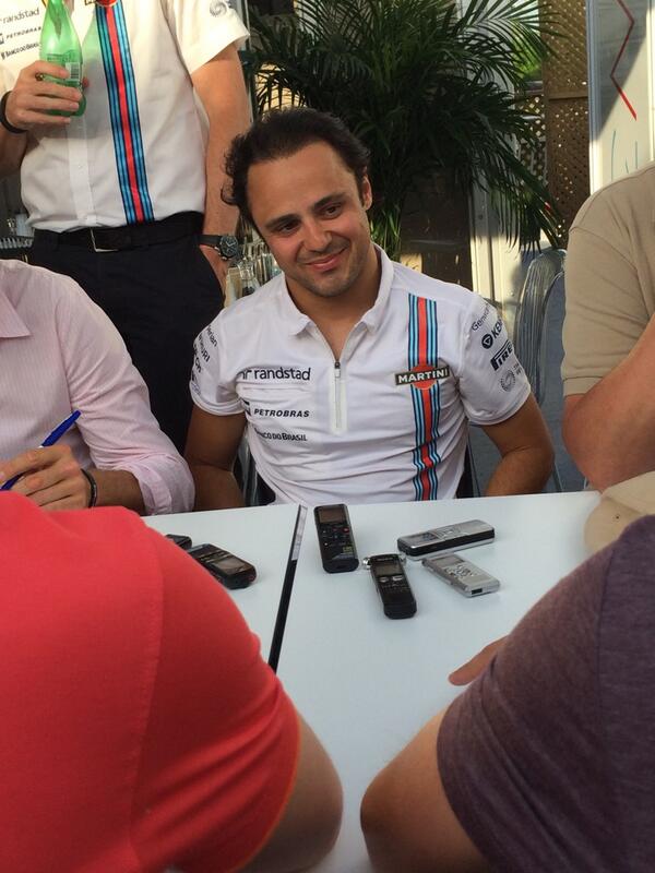 WilliamsRacing's tweet photo. Now @MassaFelipe19 is back at the track in good health and spirits, talking to the media. http://t.co/XKLSrYkz4c