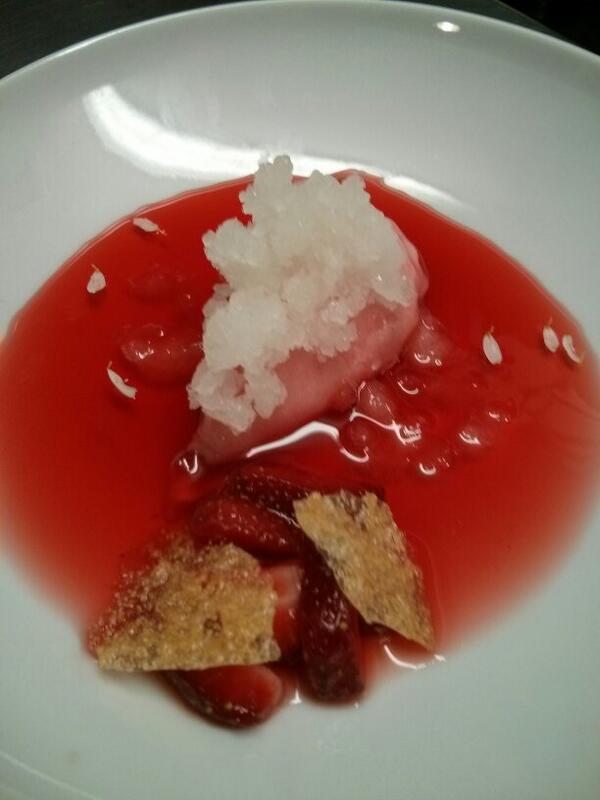 janaruby's tweet photo. New chef dessert @maslagrillade strawberry consomme with rhubarb sorbet and chamomile granita #vegan #glutenfree http://t.co/CIWGwECFWW