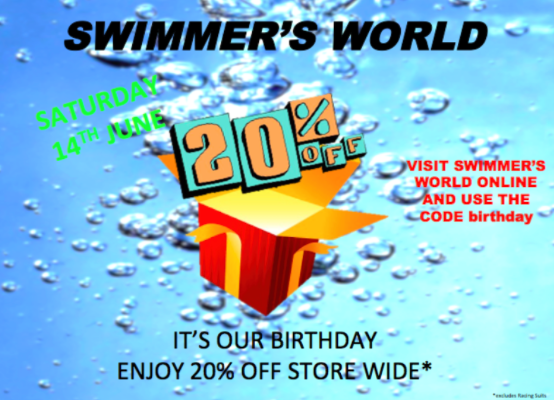 SwimmersWorld's tweet photo. Its our birthday sale GET 20% OFF STORE WIDE !!! this saturday only http://t.co/LmSLdbYauZ