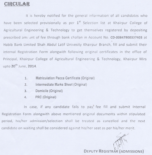 Circular Regarding Admission of KCAET