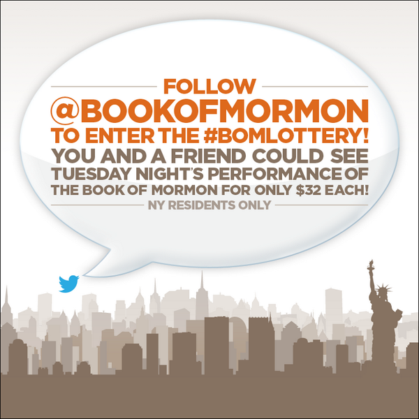 BookofMormon's tweet photo. RT &amp; follow to enter the Broadway #BOMLottery for TUES 6/10! Don't miss out on $32 tix! 18+ NY residents only http://t.co/cITZhtjDjd
