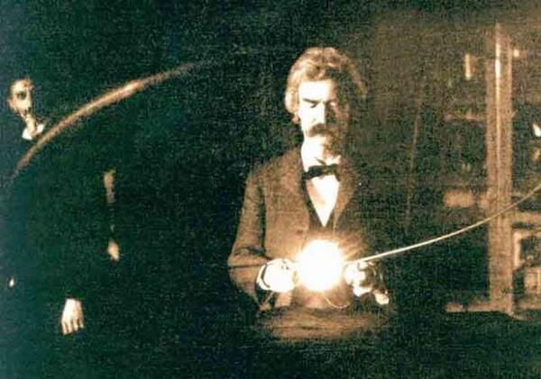 HistoryInPics's tweet photo. Mark Twain inside the lab of Nikola Tesla, 1894 http://t.co/PJqoT24VdE