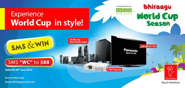 Dhiraagu's tweet photo. Experience the World Cup in style ! WIN amazing prizes!  http://t.co/YIw7QAqPUi #DhiraaguWorldCupSeason #SMSnWIN http://t.co/eaA4EUME3C