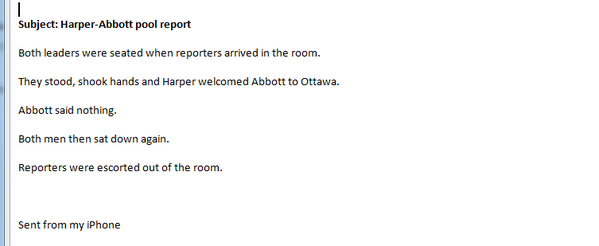 josh_wingrove's tweet photo. Wow, @pmharper and @TonyAbbottMHR really opened up when press were in room. #cdnpoli http://t.co/ng61taLGEE