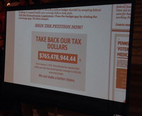 SEIUPA's tweet photo. Check the ticker - Pa. Has now lost $765 million by not expanding Medicaid already. #MA4PA http://t.co/jup8AIzWGE