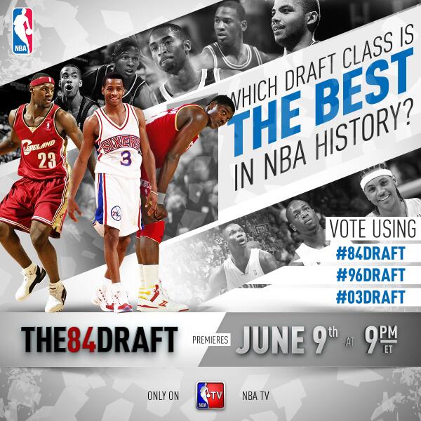 NBATV's tweet photo. Which is the best draft class in NBA History? Use #84DRAFT, #96DRAFT or #03DRAFT to vote http://t.co/iQqhDcH4G1