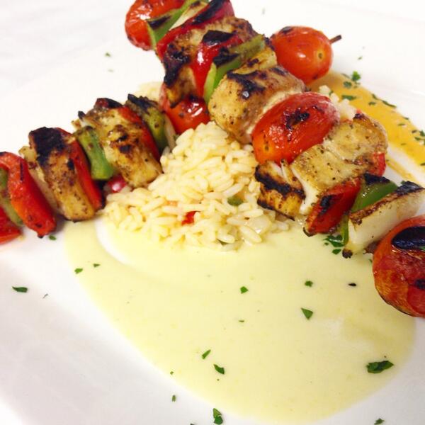 BackBurnerDE's tweet photo. This week's lunch feature is Jerk Mahi Kabobs served with a corn cream and smoked tomato butter over Caribbean rice 😋 http://t.co/kMRQET1G9j