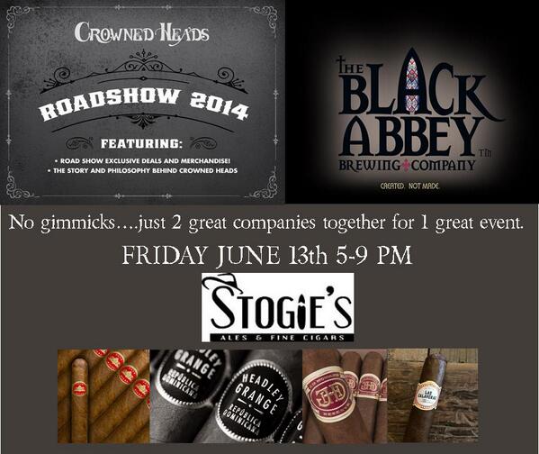 stogiesinc's tweet photo. @TheCrownedHeads @BlackAbbeyBrew @cigarwes together this Friday at Stogie's. http://t.co/drTdQH9AuH