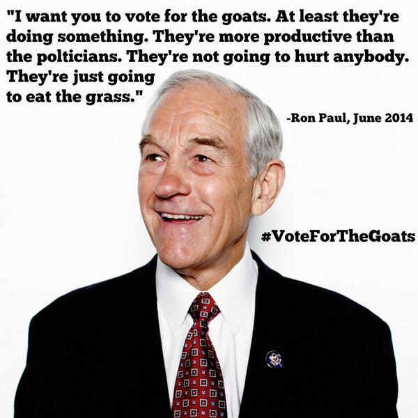 RonPaul's tweet photo. Ron asks you to support using goats to clean up Detroit http://t.co/ArcPsRGKHF #VoteForTheGoats http://t.co/9Bl88ILssP